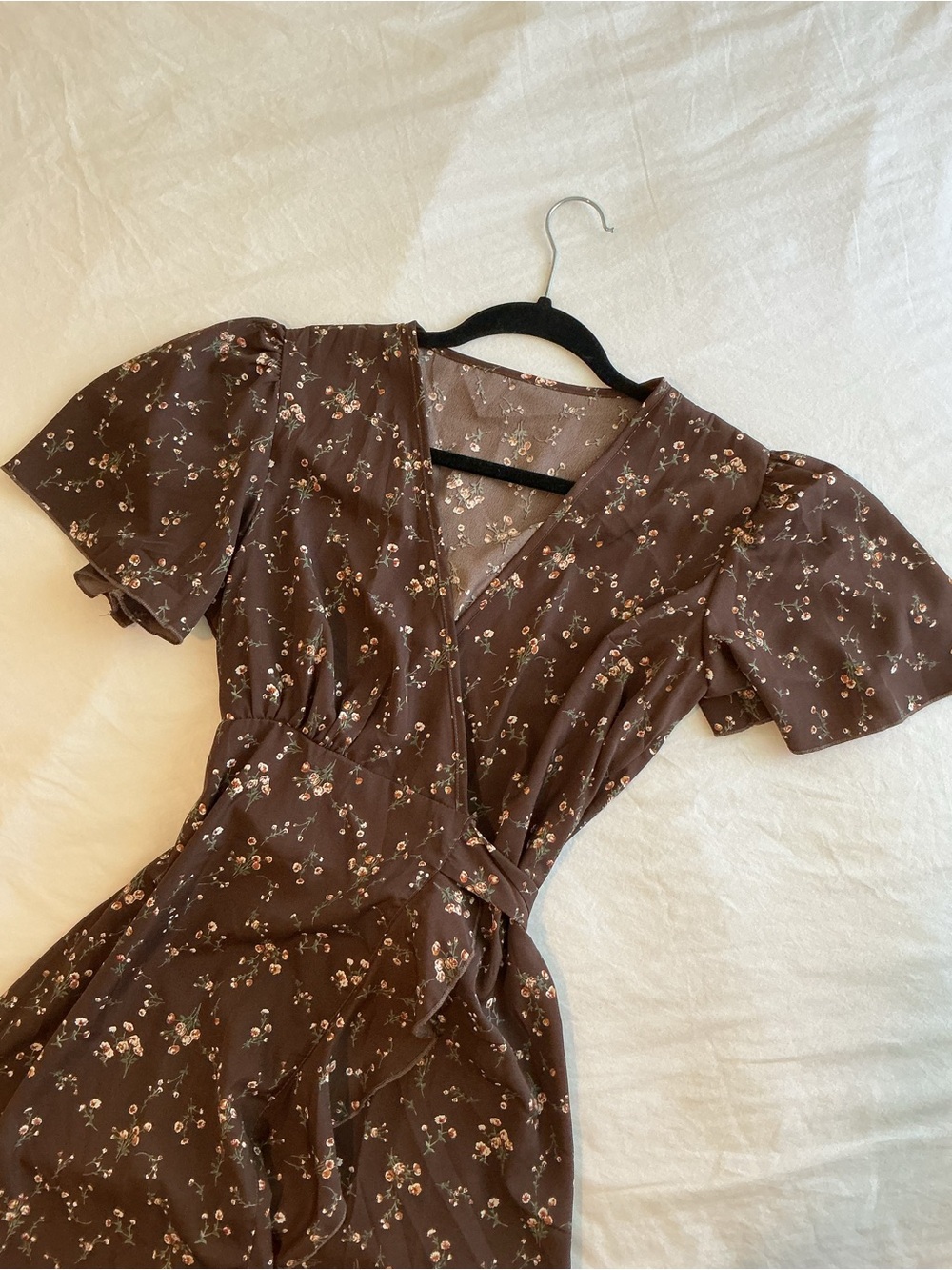SHEIN Brown Floral Tie-Waist Wrap Dress